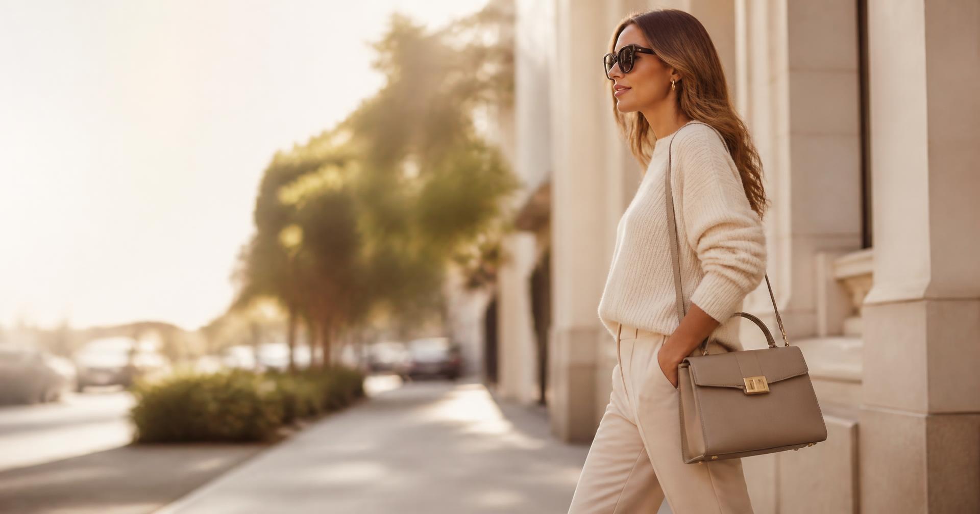 Woman walking on a sunlit sidewalk carrying a Pearl Lane handbag